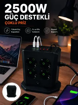 Çoklu Priz 8 Çıkışlı 4 USB 2 Type-C Anahtarlı Dikey Priz Kulesi