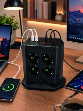 8'li Dikey Çoklu Priz 4 USB 2 Type-C Akım Korumalı Anahtarlı Priz