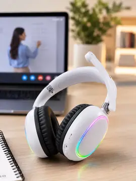 Bluetooth 5.0 Beyaz Kulak Üstü Kablosuz Kulaklık Mikrofonlu RGB Aydınlatmalı