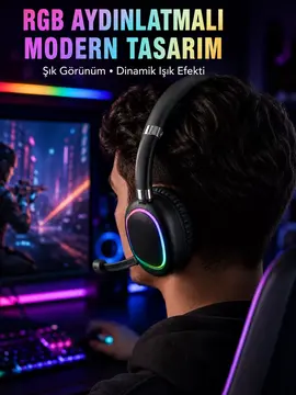 RGB Işıklı Bluetooth Mikrofonlu Kulaklık Uzun Süreli Kullanım Type-C Şarjlı