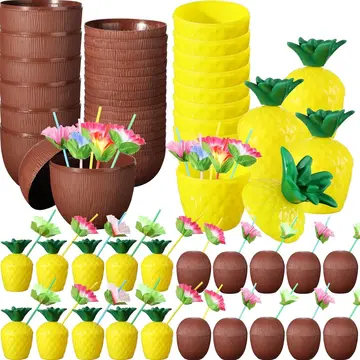 Tropikal Parti Bardak Seti – Ananas Ve Hindistan Cevizi Şekilli Pipetli Bardaklar (20 Adet)