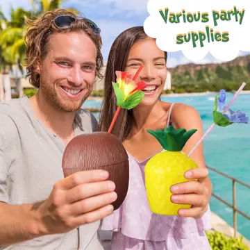 Tropikal Parti Bardak Seti – Ananas Ve Hindistan Cevizi Şekilli Pipetli Bardaklar (20 Adet)