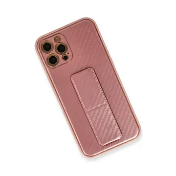 İphone 12 Pro Kılıf Coco Karbon Standlı Kapak - Pembe