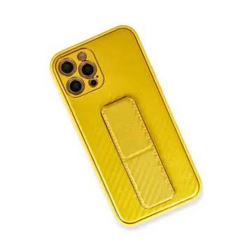 İphone 12 Pro Max Kılıf Coco Karbon Standlı Kapak - Sarı