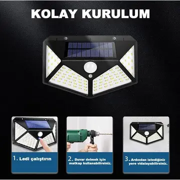 100 Led Dış Mekan Solar Aydınlatma Fotoselli Solar Lamba Hareket Sensörlü