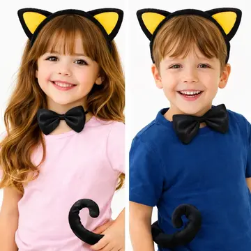 Kırmızı Kulaklı Kedi Kostüm Seti – Taç Papyon Kuyruk 3 Parça