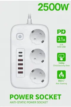 akım Korumalı Priz Ve Masaüstü Şarj İstasyonu Kablosuz 3 Priz ,4 Usb, 2 Type-c Girişli 2 Metre
