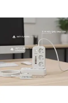 akım Korumalı Priz Ve Masaüstü Şarj İstasyonu Kablosuz 3 Priz ,4 Usb, 2 Type-c Girişli 2 Metre