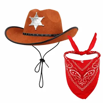 Çocuk Kovboy Şapka Rozetli Siyah  Kırmızı Bandana Seti