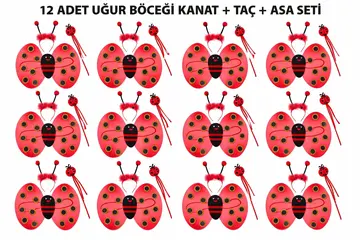 Uğur Böceği Kostüm Seti - Kanat Taç Asa 3 Parça 12 Adet