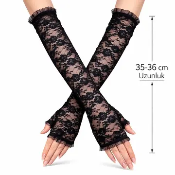 Uzun Zarif Dantel Eldiven Parmaksız Kırmızı 35 Cm