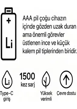 Type-c Şarjlı 800mwh 1.5v Şarj Edilebilir 2’li Aaa İnce Pil - Lityum Iyon Batarya