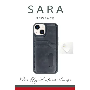 İphone 14 Kılıf Sara Kartvizitli Deri Kılıf - Lacivert