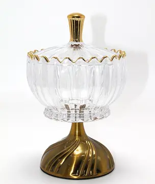 Metal Ayaklı Kristal Cam Şekerlik Gold Detaylı Sunumluk