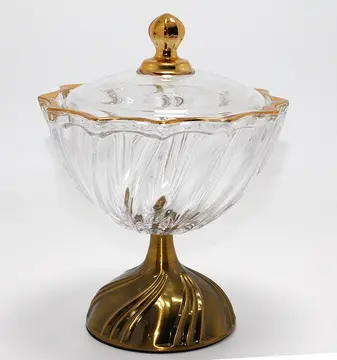 Metal Ayaklı Kristal Cam Şekerlik Gold Detaylı Sunumluk
