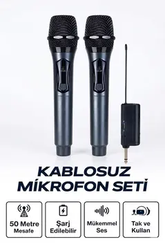 Profesyonel Çiftli Kablosuz Mikrofon Seti Karaoke Şarj Edilebilir 50 Metre