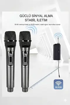 Profesyonel Çiftli Kablosuz Mikrofon Seti Karaoke Şarj Edilebilir 50 Metre