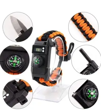 Paracord Dijital Saat Düdük Hayatta Kalma Turuncu Kamp Bilekliği