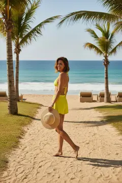 Kadın Fosforlu Şortlu Belden ve Boyundan Bağlamalı Bikini Takımı
