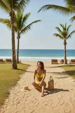 Kadın Fosforlu Şortlu Belden ve Boyundan Bağlamalı Bikini Takımı
