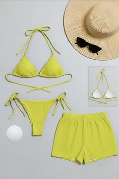 Kadın 3'lü Set Fosforlu Şortlu ve Yandan Bağlamalı Bikini Mayo Takımı