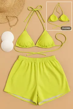 Kadın 3'lü Set Fosforlu Şortlu ve Yandan Bağlamalı Bikini Mayo Takımı