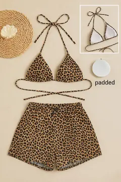 Kadın Leopar Desenli Şortlu Belden ve Boyundan Bağlamalı Bikini Takımı