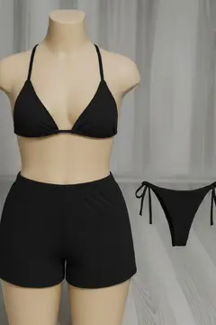 Kadın 3'lü Set Siyah Şortlu ve Yandan Bağlamalı Bikini Mayo Takımı