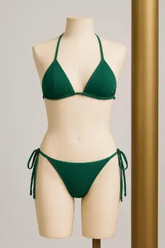 Kadın Yeşil Yandan ve Boyundan Bağlamalı Bikini Mayo Takımı