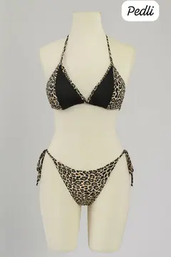 Kadın Siyah ve Leopar Detaylı Yandan Bağlamalı Bikini Takımı