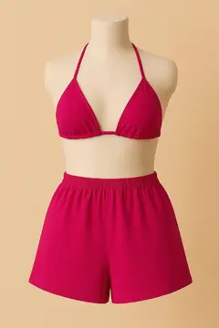 Kadın Fuşya Şortlu Belden ve Boyundan Bağlamalı Bikini Takımı