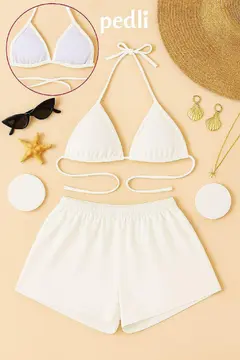 Kadın Beyaz Şortlu Belden ve Boyundan Bağlamalı Bikini Takımı