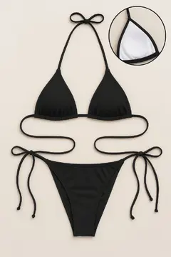 Kadın Siyah Yandan ve Boyundan Bağlamalı Bikini Mayo Takımı