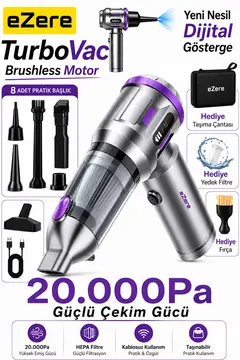 EZERE TurboVac 20000pa Güçlü Dijital Göstergeli Vakumlu Kablosuz Üflemeli Mini Araç Süpürgesi