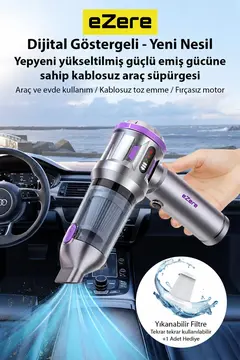 EZERE TurboVac 20000pa Güçlü Dijital Göstergeli Vakumlu Kablosuz Üflemeli Mini Araç Süpürgesi
