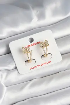 Pirinç Gold Renk Zirkon Taşlı Kelebek Model Kadın Küpe 5886