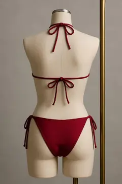 Kadın Bordo Yandan ve Boyundan Bağlamalı Bikini Mayo Takımı