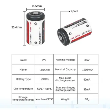 Eve Er14250 1/2aa Size 3.6v 1200 Mah Şarjsız Li-socl2 Lithium Pil