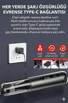 Araç Süpürgesi Şarjlı 120w 20.000pa Göstergeli Yeni Nesil Metal Filtre Extra Vakum Ve Üfleme