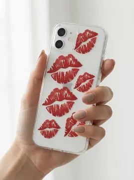 iPhone 12 Kırmızı Dudak / Öpücük Desenli Şeffaf Telefon Kılıfı