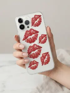iPhone 14 Pro Max Kırmızı Dudak / Öpücük Desenli Şeffaf Telefon Kılıfı