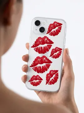 İphone 15 Kırmızı Dudak / Öpücük Desenli Şeffaf Telefon Kılıfı
