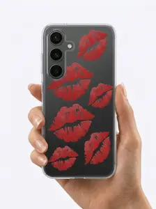 Samsung Galaxy S24 Kırmızı Dudak / Öpücük Desenli Şeffaf Telefon Kılıfı