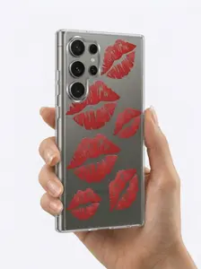 Samsung S26 Ultra Kırmızı Dudak / Öpücük Desenli Şeffaf Telefon Kılıfı