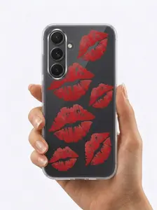 Samsung Galaxy S24 FE Kırmızı Dudak / Öpücük Desenli Şeffaf Telefon Kılıfı