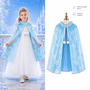 Kar Tanesi Desenli Pembe Elsa Pelerini - Astarlı Frozen Pelerini 85 Cm