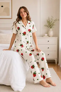 Ekru Çilek Desenli Kısa Kollu Gömlek Yaka Milan Kumaş Kadın Pijama Takımı