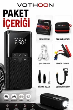 12000 Mah Akıllı Akü Takviye Ve Dijital Hava Pompası Akım Korumalı