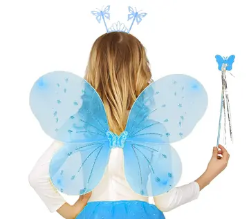 Mavi Kelebek Erkek-kız Seti – 50 Cm Kelebek Kanadı, Taç Ve Asa