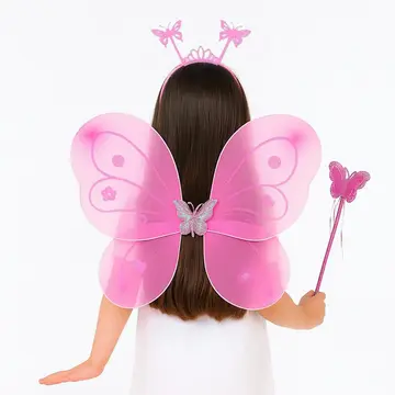 Pembe Kelebek Kız Seti – 50 Cm Kelebek Kanadı, Taç Ve Asa